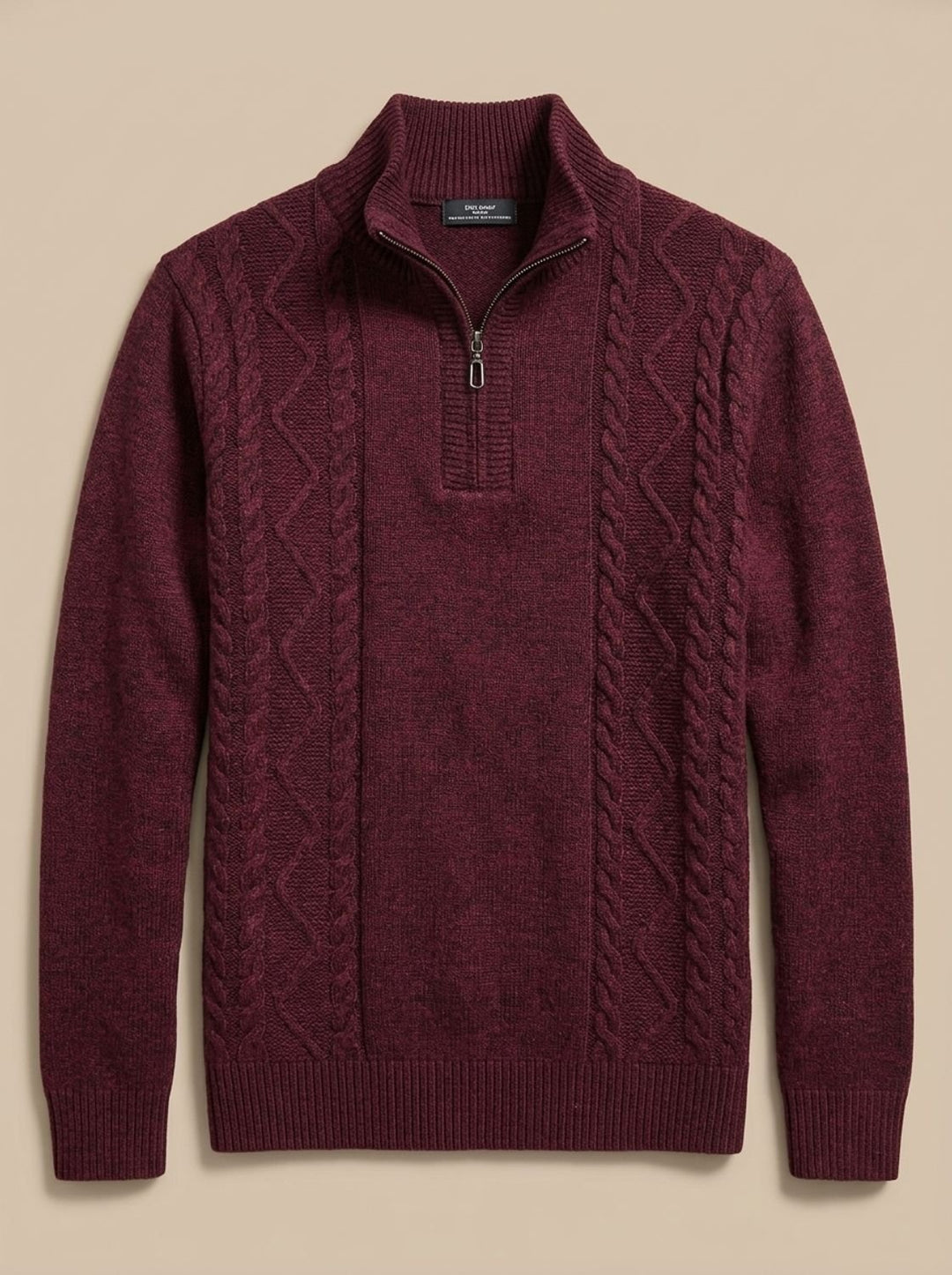 Men's Cable-Knit Quarter-Zip Stand-Collar Pullover Sweater - Burgundy