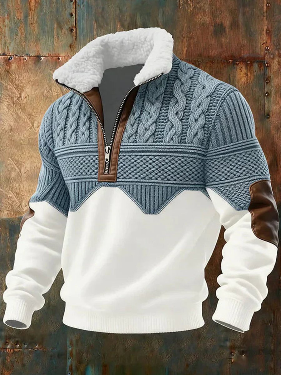 Men's Cable Knit Sweater Half-Zip Fleece Collar Pullover