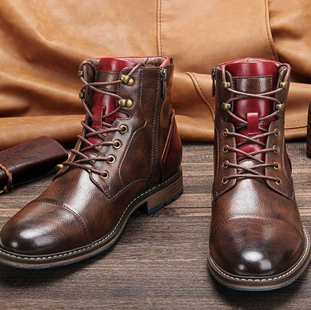 Men's Cap-Toe Lace-Up Side-Zip Leather Ankle Boots - Brown