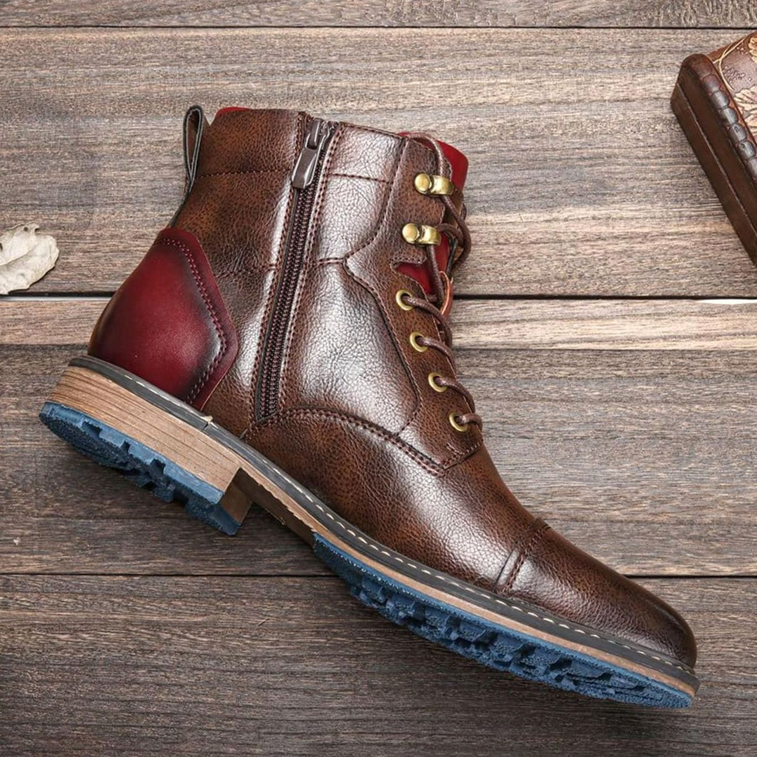 Men's Cap-Toe Lace-Up Side-Zip Leather Ankle Boots