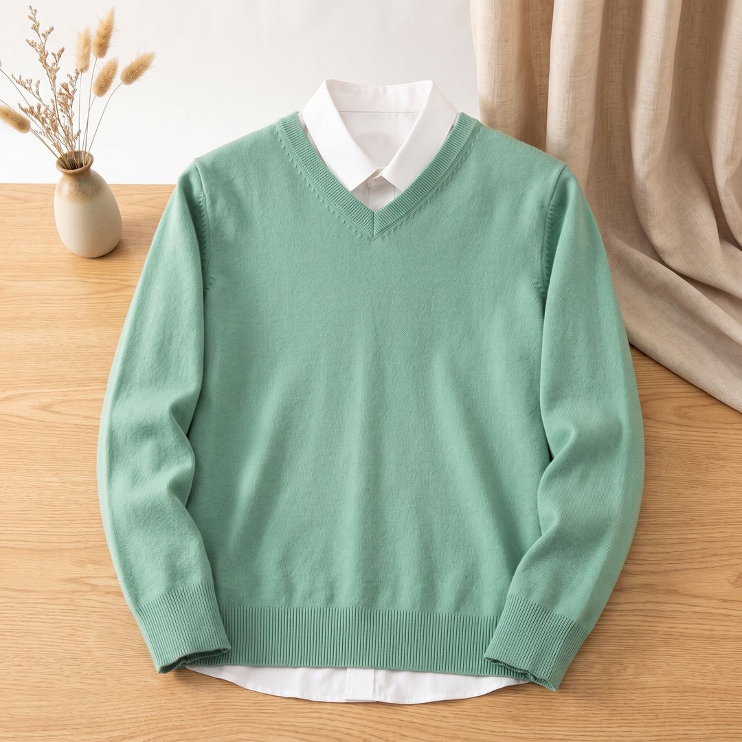 Men's Cashmere Blend V-Neck Long Sleeve Pullover Sweater - Green