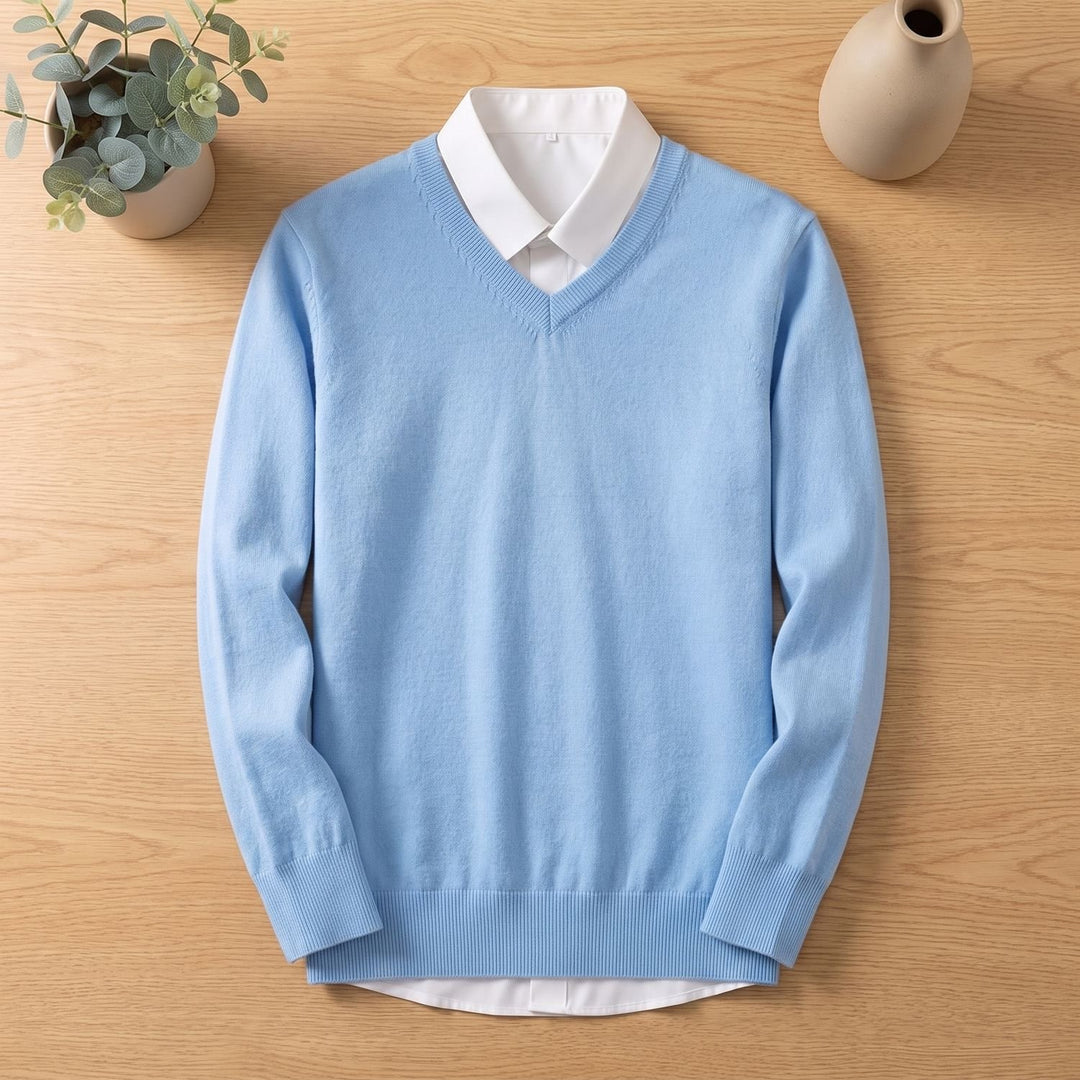 Men's Cashmere Blend V-Neck Long Sleeve Pullover Sweater - Sky Blue
