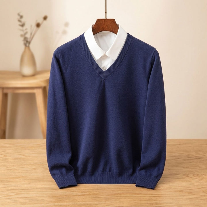 Men's Cashmere Blend V-Neck Long Sleeve Pullover Sweater - Navy