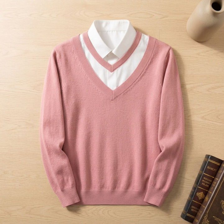 Men's Cashmere Blend V-Neck Long Sleeve Pullover Sweater - Pink