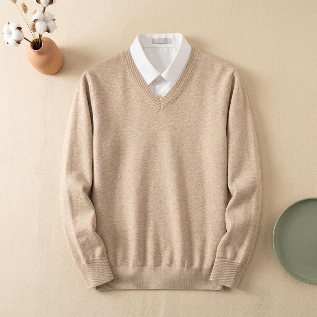 Men's Cashmere Blend V-Neck Long Sleeve Pullover Sweater - Beige