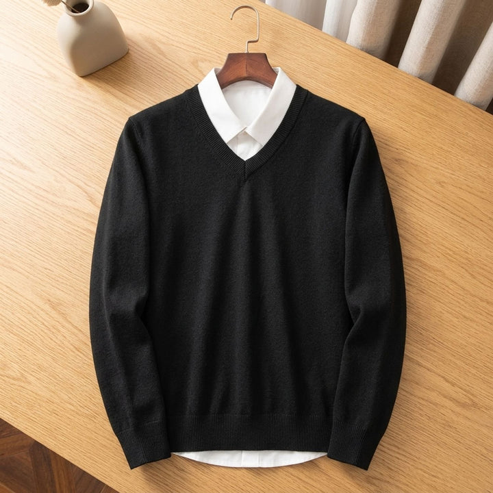 Men's Cashmere Blend V-Neck Long Sleeve Pullover Sweater - Black