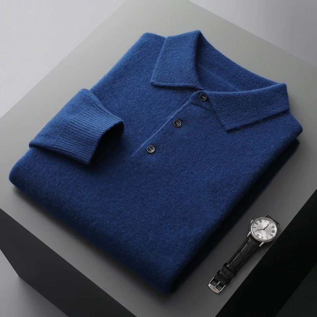 Men's Cashmere Polo Knit Sweater Long Sleeve Button Pullover - Dark Navy