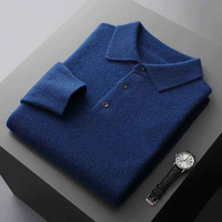 Men's Cashmere Polo Knit Sweater Long Sleeve Button Pullover - Dark Navy