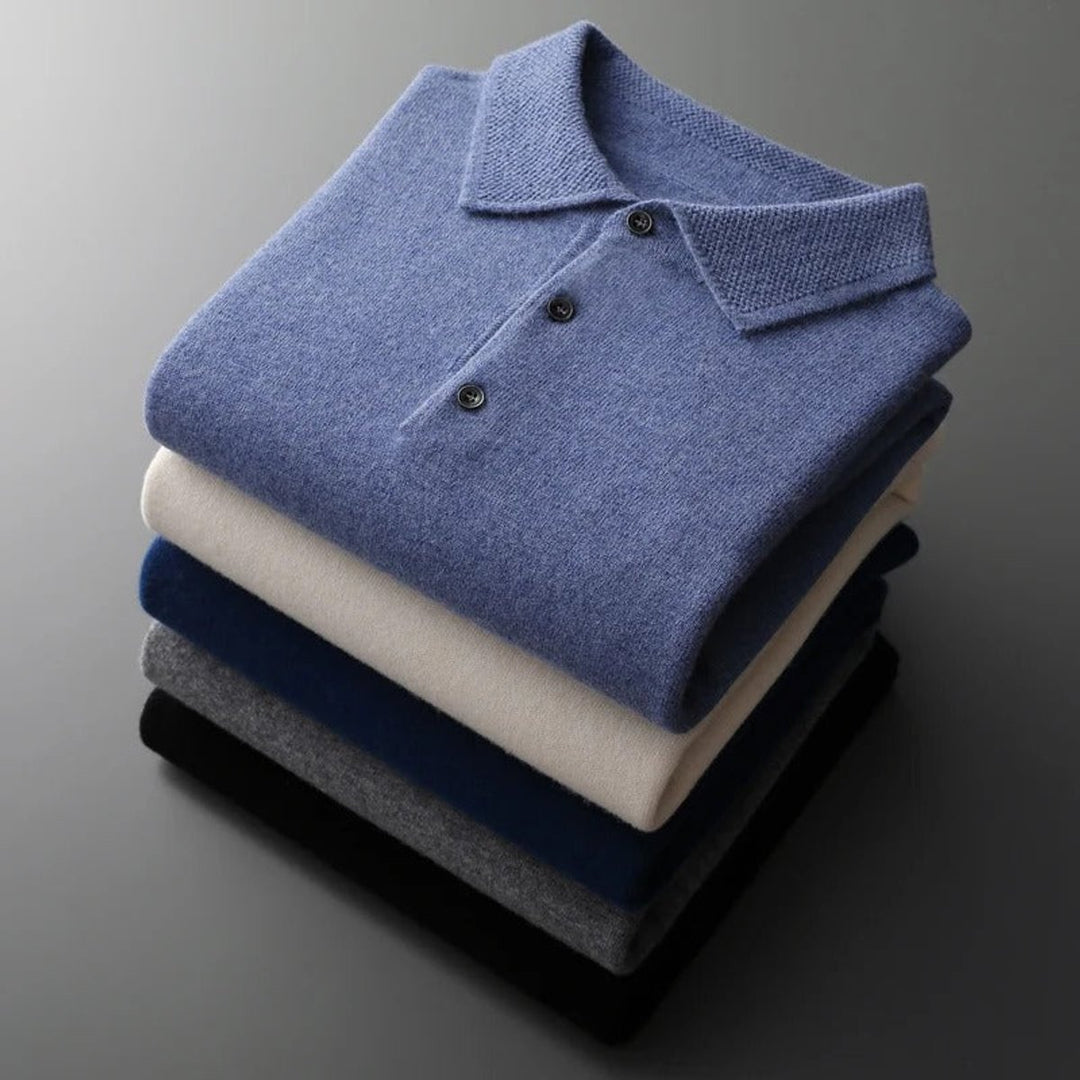 Men's Cashmere Polo Knit Sweater Long Sleeve Button Pullover