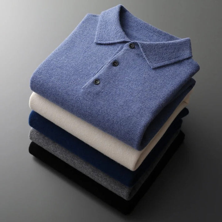 Men's Cashmere Polo Knit Sweater Long Sleeve Button Pullover