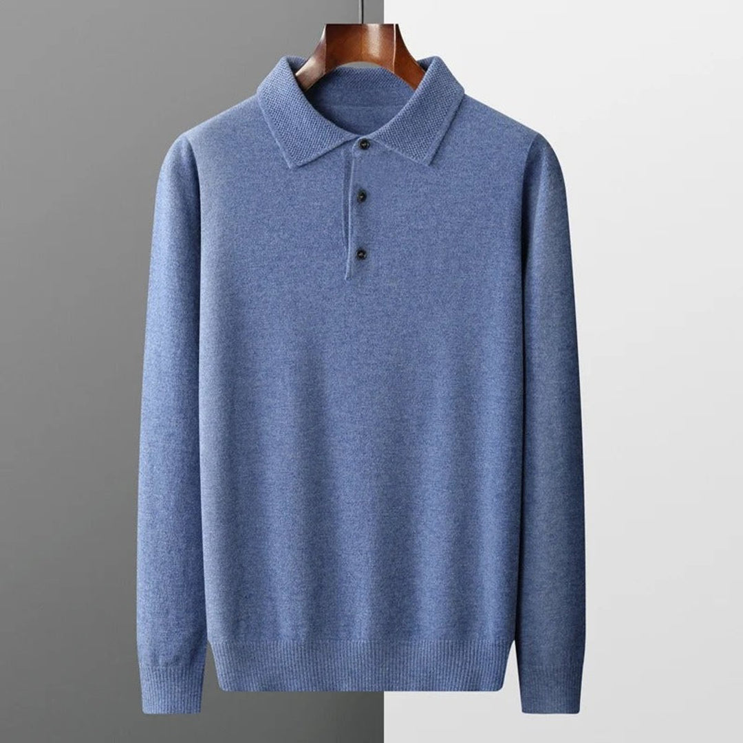 Men's Cashmere Polo Knit Sweater Long Sleeve Button Pullover