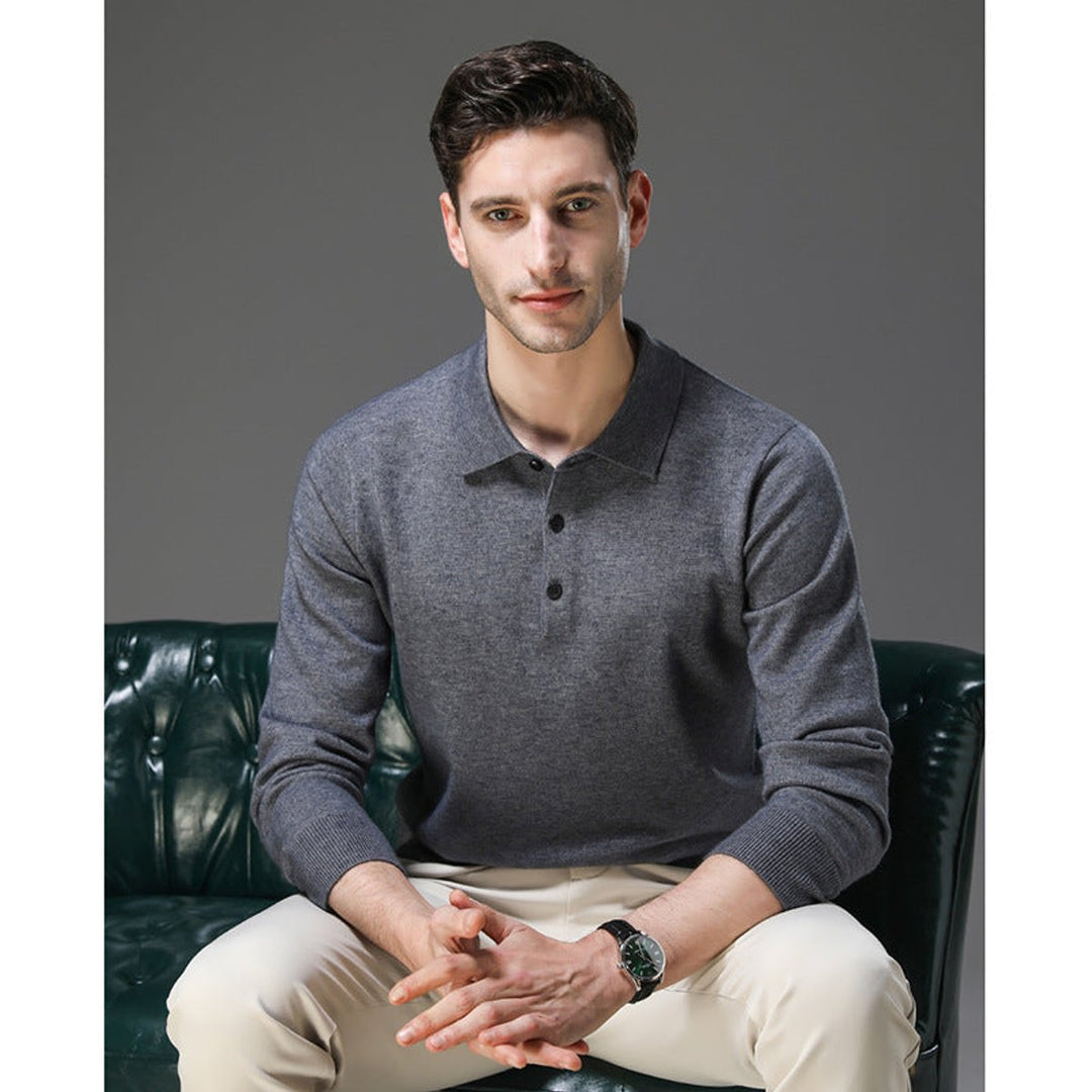 Men's Cashmere Polo Knit Sweater Long Sleeve Button Pullover