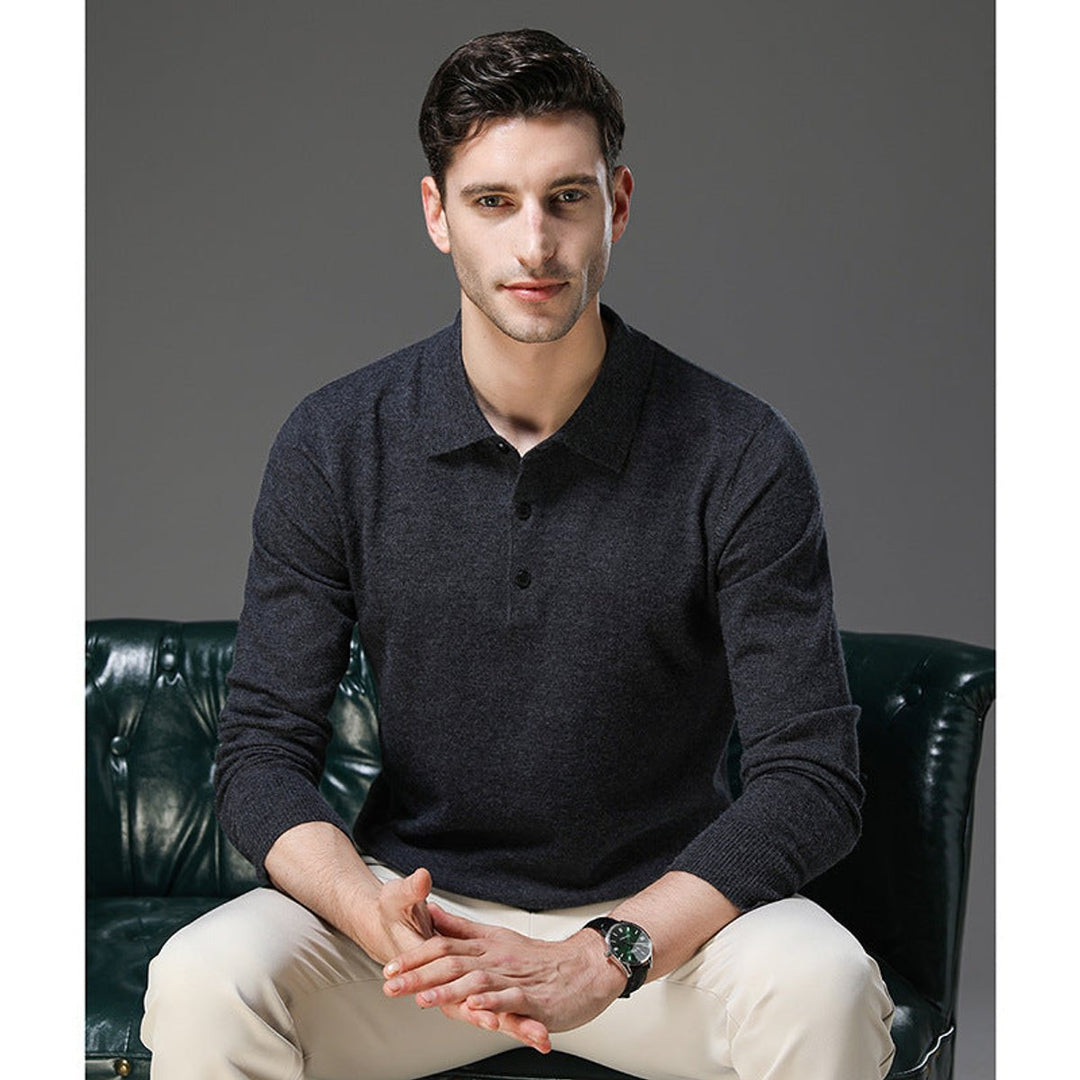 Men's Cashmere Polo Knit Sweater Long Sleeve Button Pullover