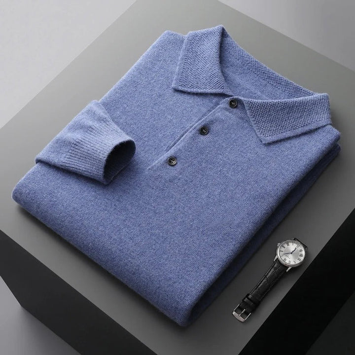 Men's Cashmere Polo Knit Sweater Long Sleeve Button Pullover - Blue