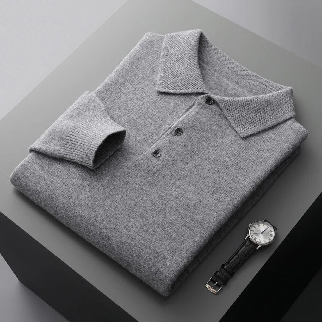 Men's Cashmere Polo Knit Sweater Long Sleeve Button Pullover - Gray