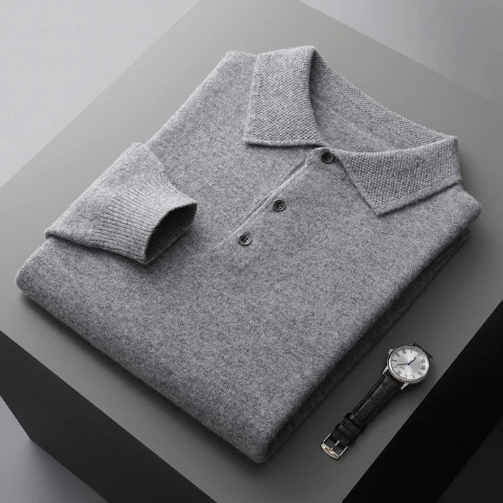 Men's Cashmere Polo Knit Sweater Long Sleeve Button Pullover - Gray