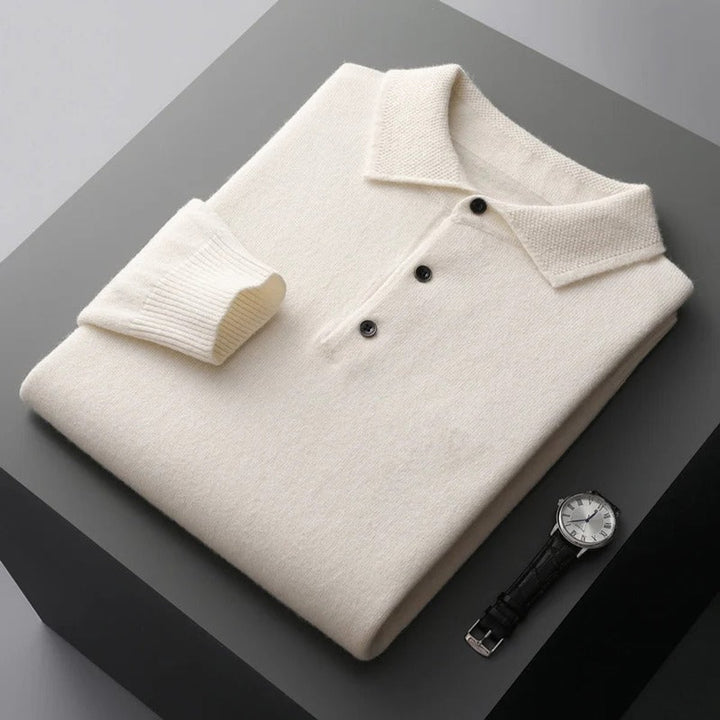 Men's Cashmere Polo Knit Sweater Long Sleeve Button Pullover - White