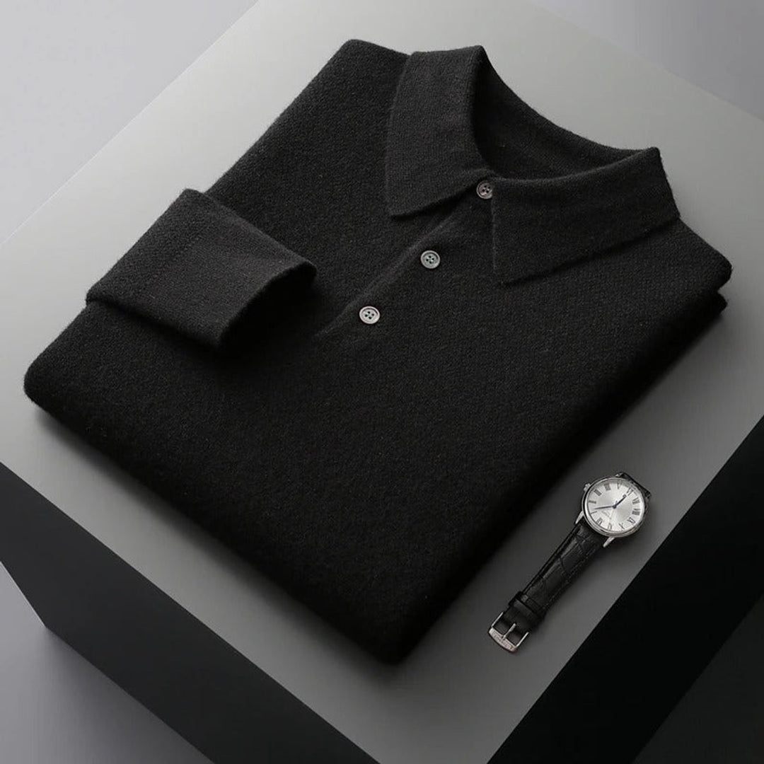 Men's Cashmere Polo Knit Sweater Long Sleeve Button Pullover - Black
