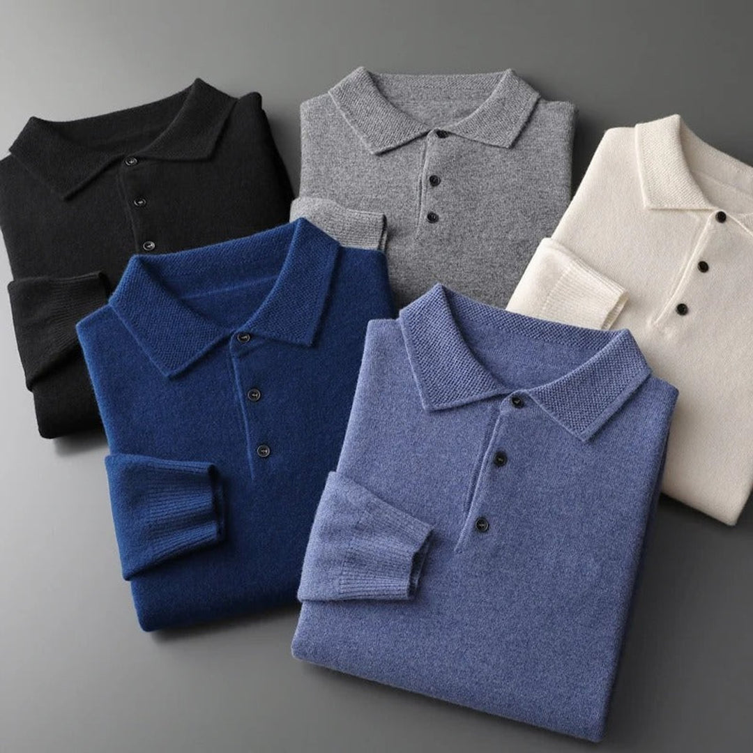 Men's Cashmere Polo Knit Sweater Long Sleeve Button Pullover