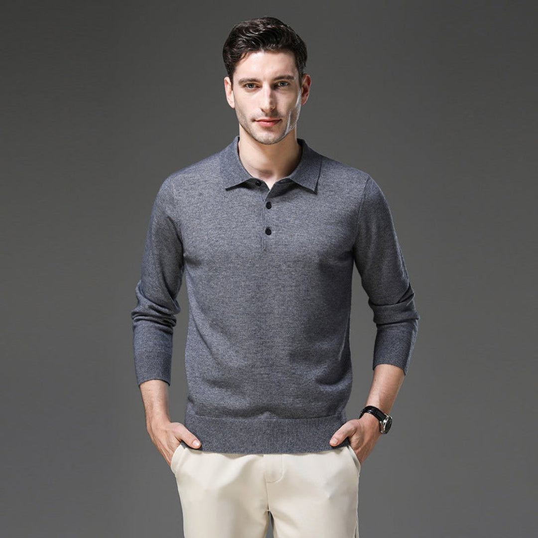 Men's Cashmere Polo Knit Sweater Long Sleeve Button Pullover