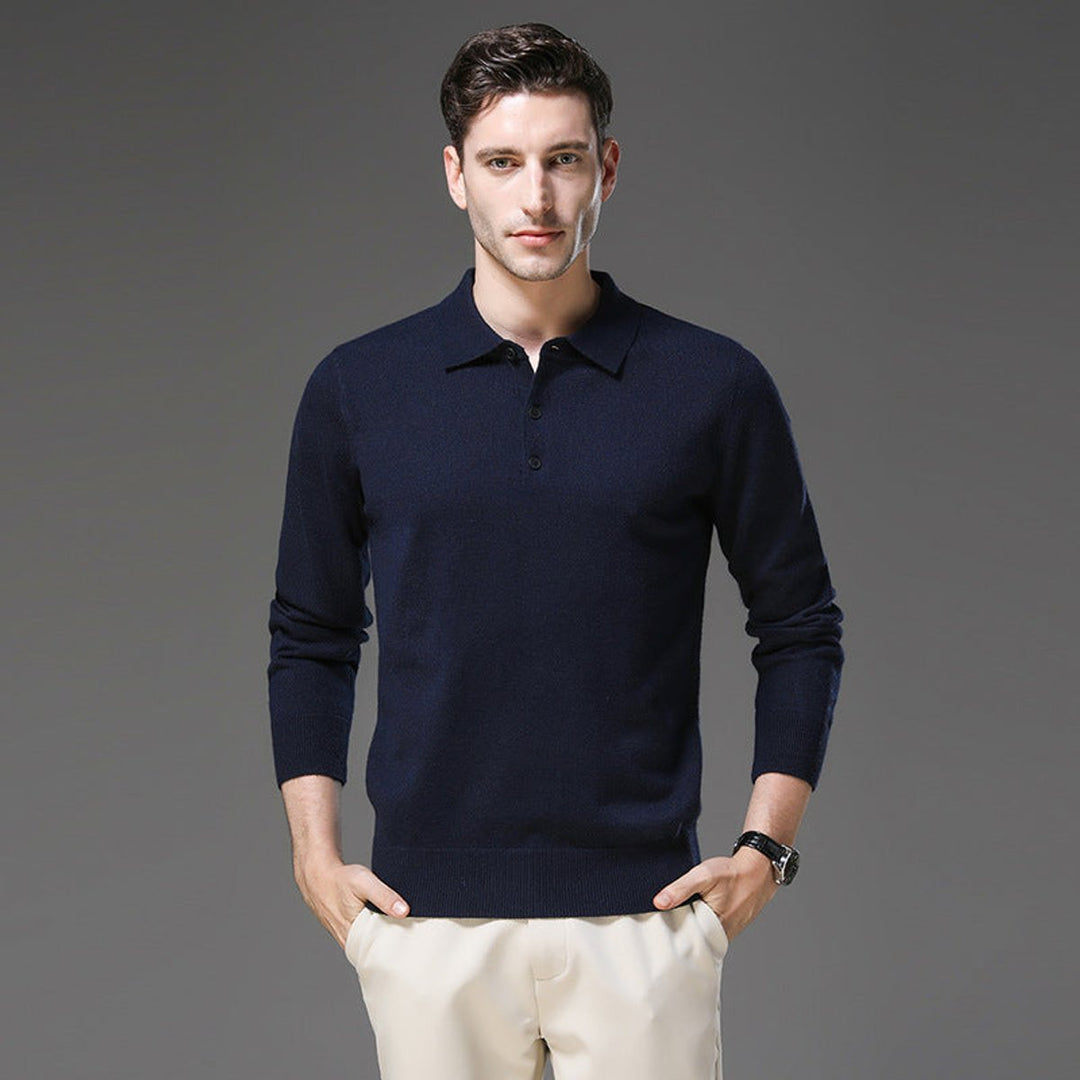 Men's Cashmere Polo Knit Sweater Long Sleeve Button Pullover