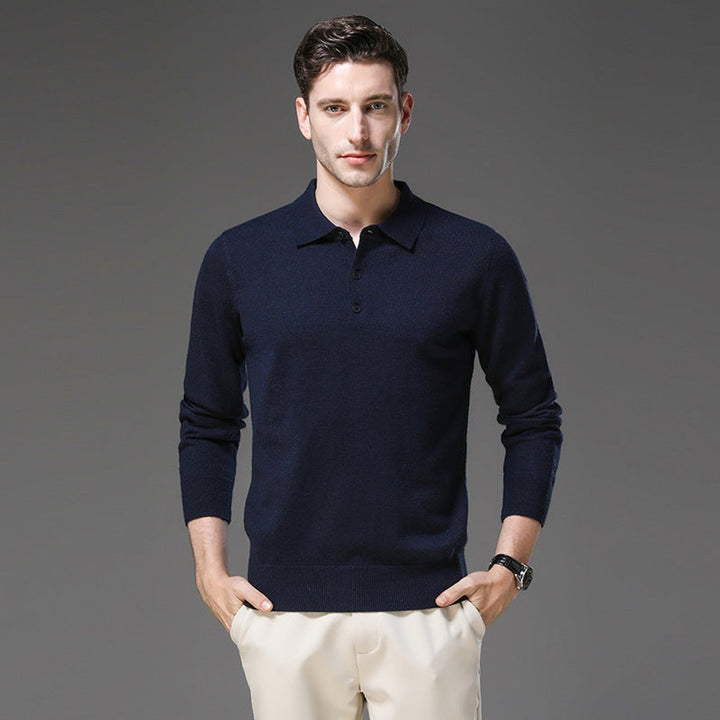 Men's Cashmere Polo Knit Sweater Long Sleeve Button Pullover