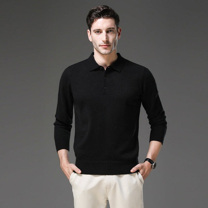 Men's Cashmere Polo Knit Sweater Long Sleeve Button Pullover