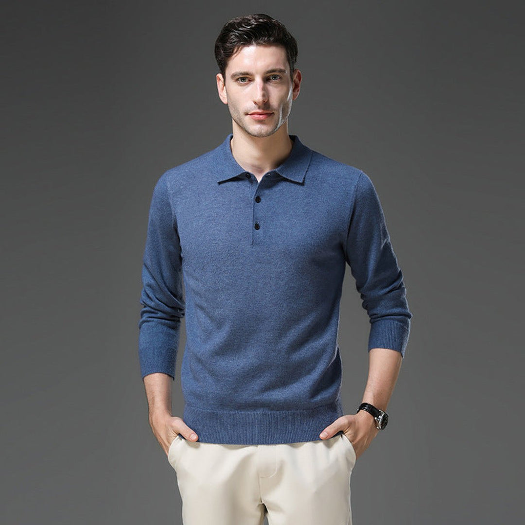 Men's Cashmere Polo Knit Sweater Long Sleeve Button Pullover