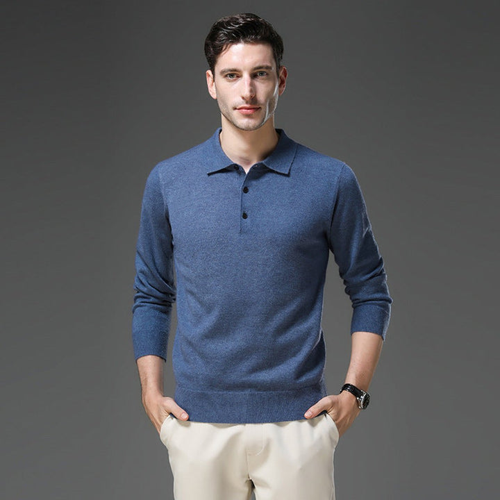 Men's Cashmere Polo Knit Sweater Long Sleeve Button Pullover