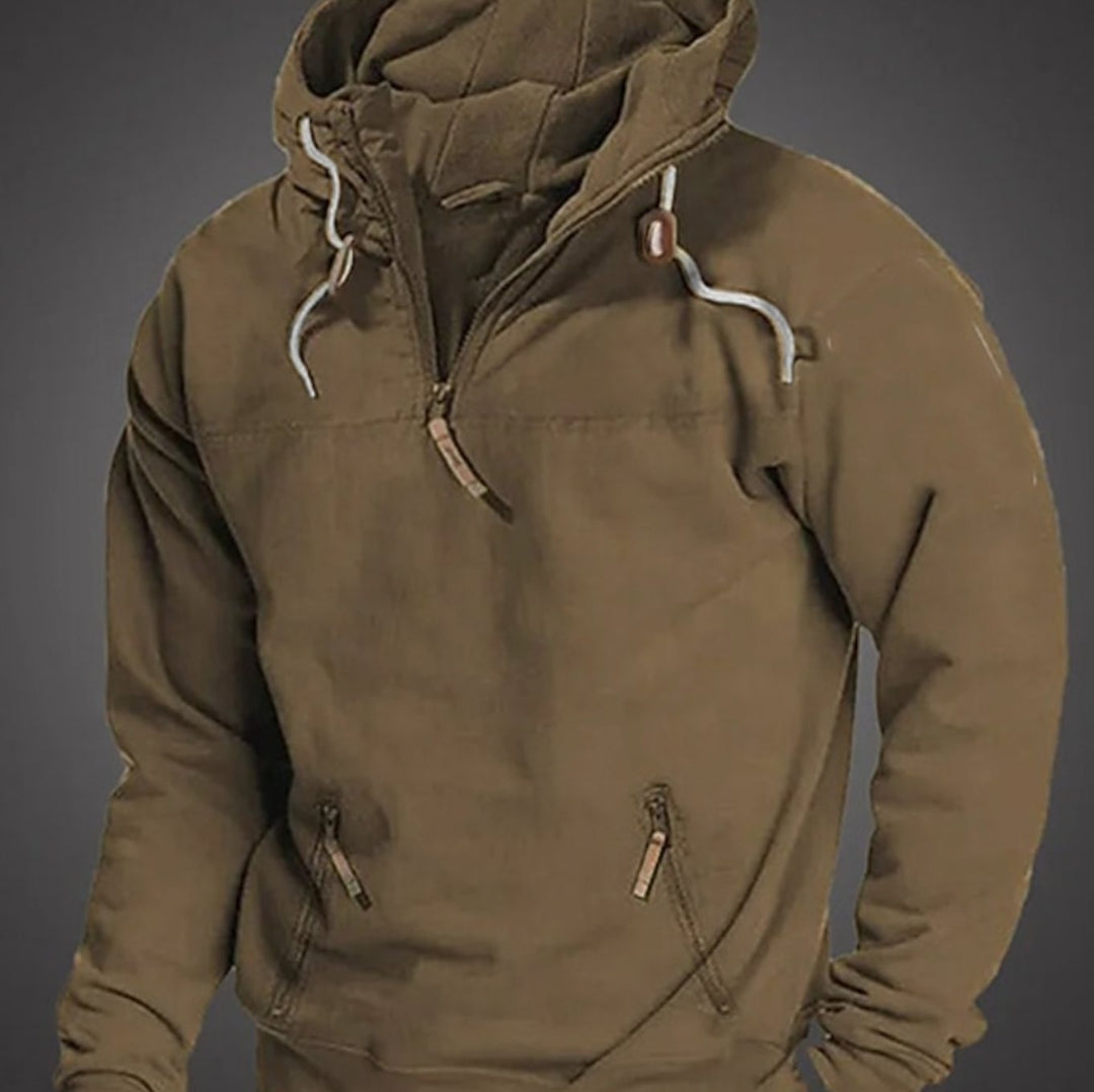 Men's Casual Half-Zip Drawstring Hooded Long Sleeve Hoodie - Brown