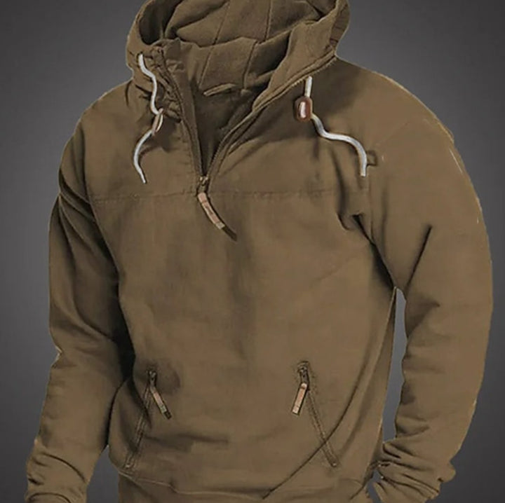 Men's Casual Half-Zip Drawstring Hooded Long Sleeve Hoodie - Brown