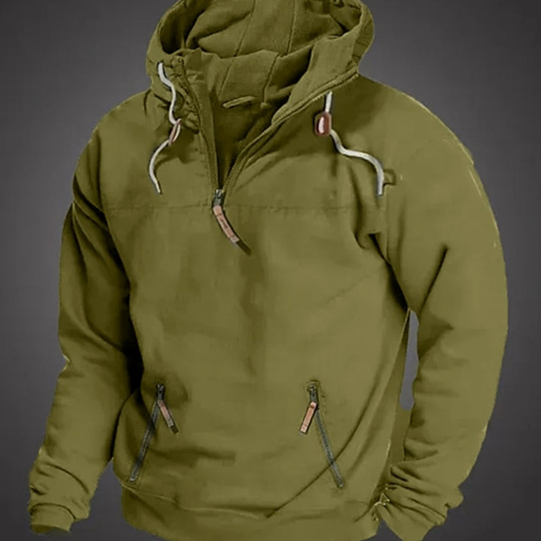 Men's Casual Half-Zip Drawstring Hooded Long Sleeve Hoodie - Green