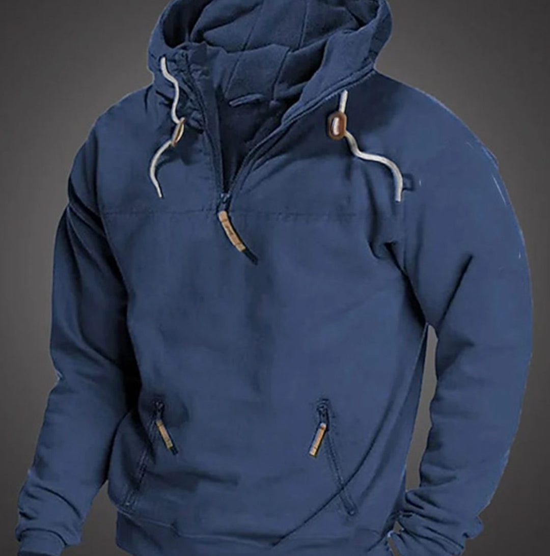 Men's Casual Half-Zip Drawstring Hooded Long Sleeve Hoodie - Blue