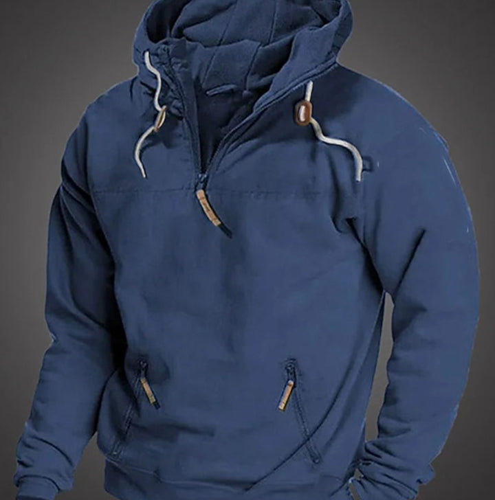 Men's Casual Half-Zip Drawstring Hooded Long Sleeve Hoodie - Blue