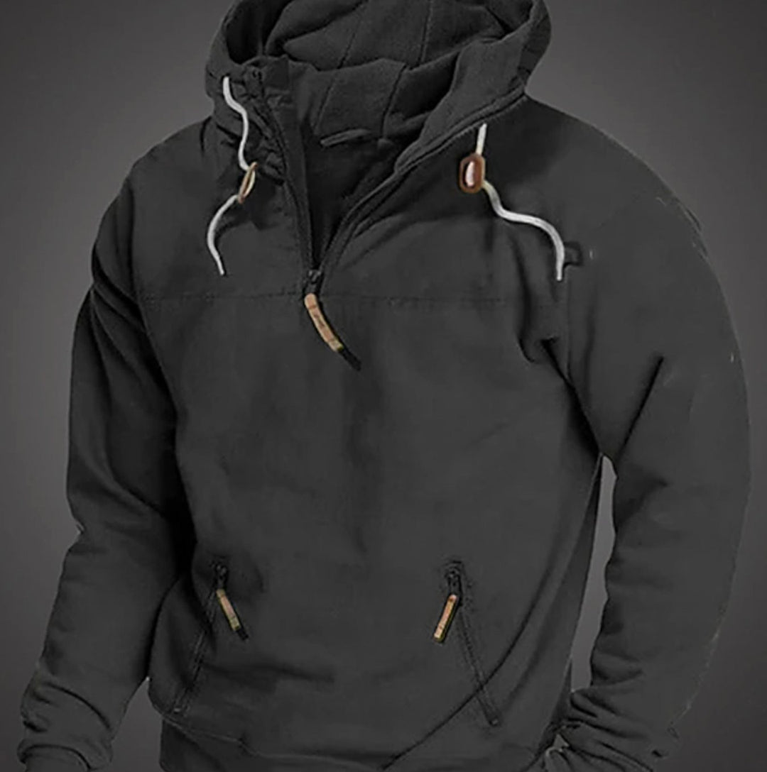 Men's Casual Half-Zip Drawstring Hooded Long Sleeve Hoodie - Black