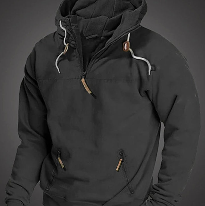 Men's Casual Half-Zip Drawstring Hooded Long Sleeve Hoodie - Black