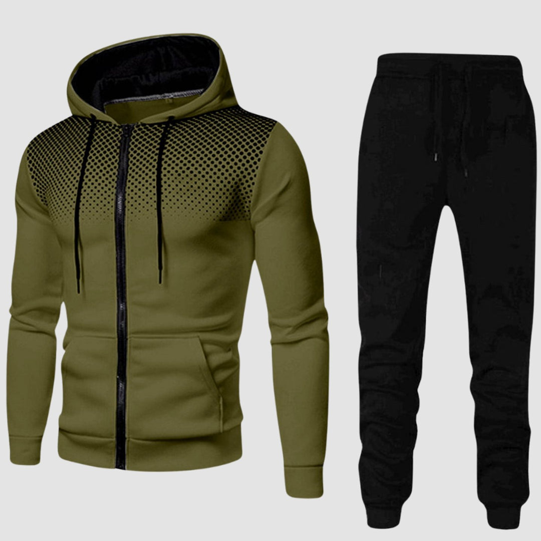 Men's Casual Zip-Up Hooded Tracksuit Set Jogger Pants - Army Green