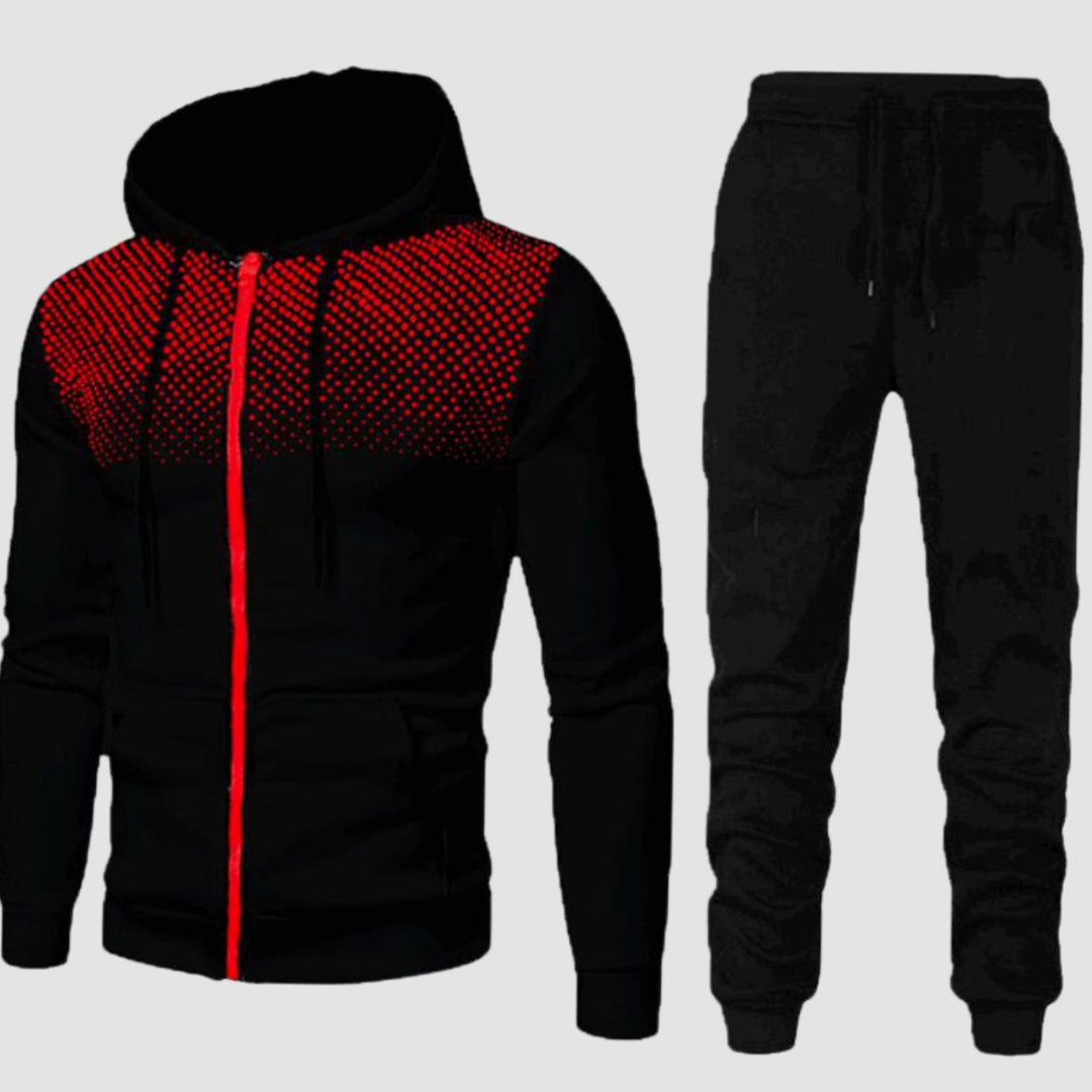 Men's Casual Zip-Up Hooded Tracksuit Set Jogger Pants - Black Red