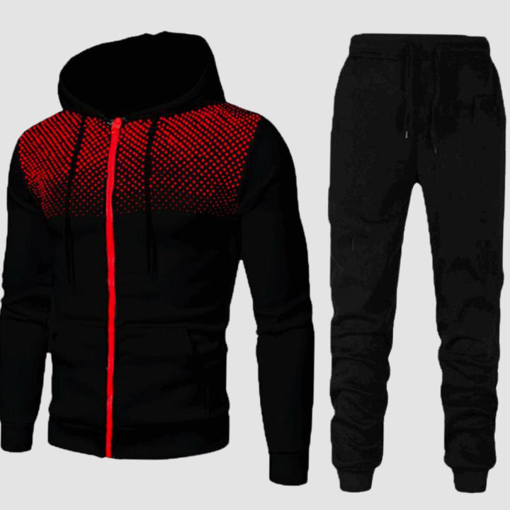 Men's Casual Zip-Up Hooded Tracksuit Set Jogger Pants - Black Red