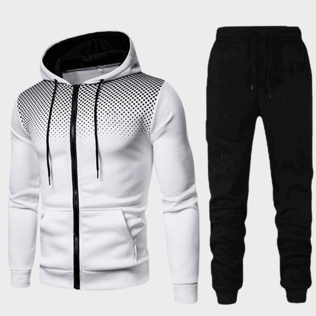 Men's Casual Zip-Up Hooded Tracksuit Set Jogger Pants - White