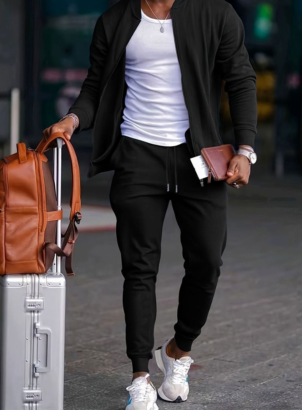 Men's Casual Zip-Up Jogger Travel Tracksuit Set - Black