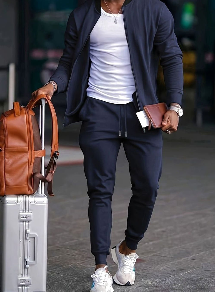 Men's Casual Zip-Up Jogger Travel Tracksuit Set - Navy Blue