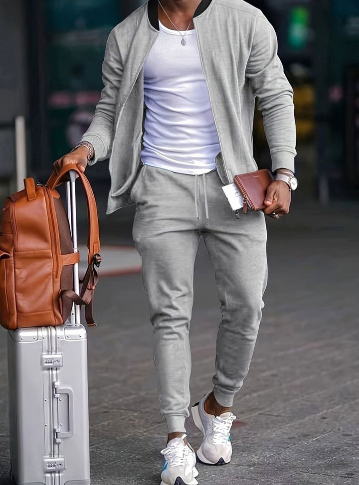 Men's Casual Zip-Up Jogger Travel Tracksuit Set - Grey