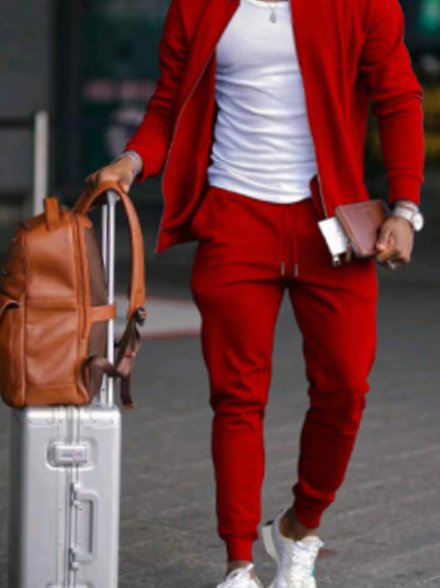 Men's Casual Zip-Up Jogger Travel Tracksuit Set - Red