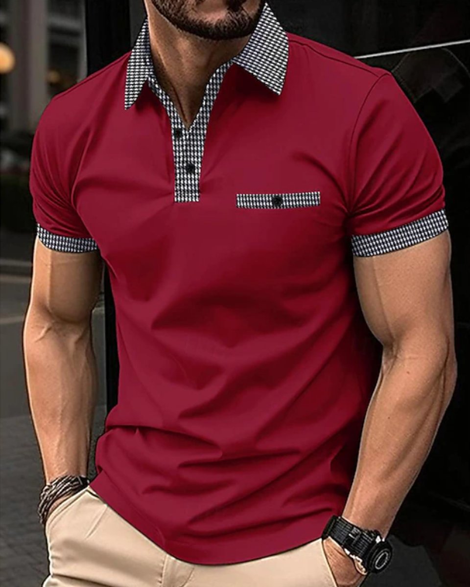 Men's Checkered-Collar Short-Sleeve Smart-Casual Polo Shirt - Red