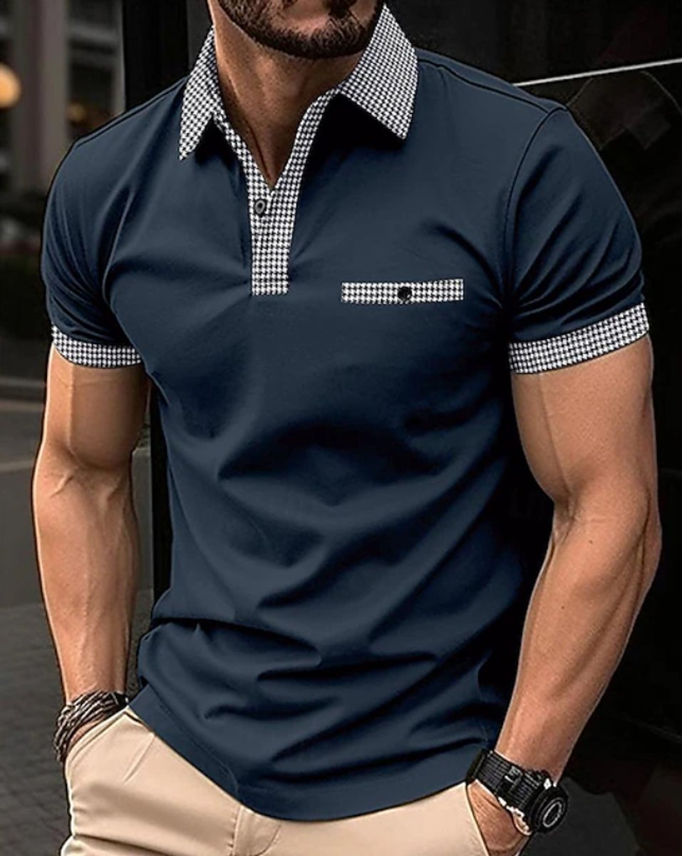 Men's Checkered-Collar Short-Sleeve Smart-Casual Polo Shirt - Navy Blue