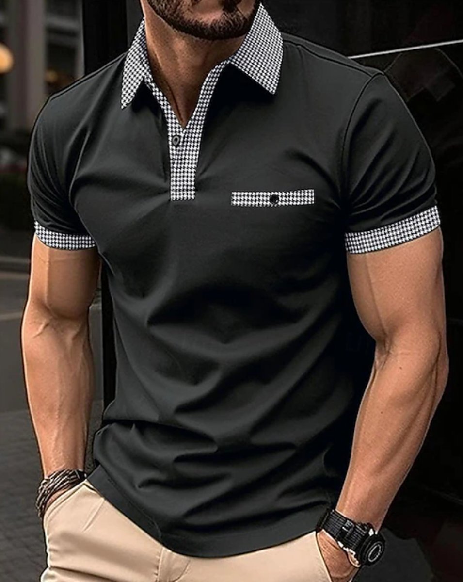 Men's Checkered-Collar Short-Sleeve Smart-Casual Polo Shirt - Black