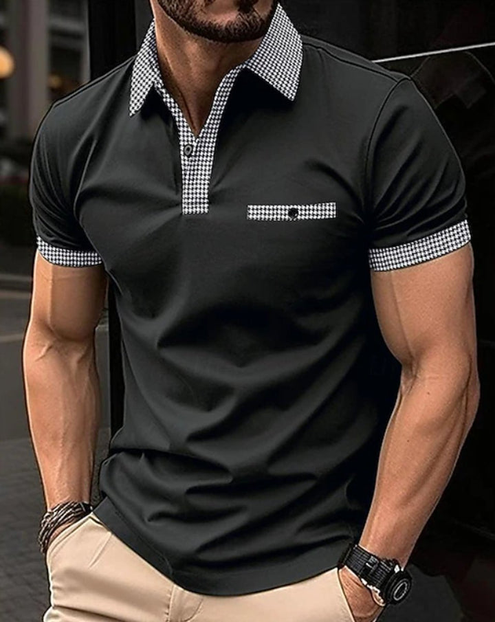 Men's Checkered-Collar Short-Sleeve Smart-Casual Polo Shirt - Black