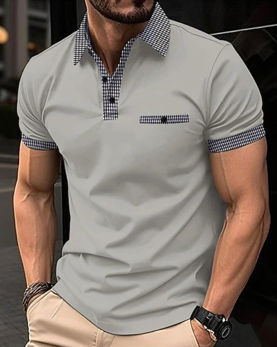 Men's Checkered-Collar Short-Sleeve Smart-Casual Polo Shirt - Gray