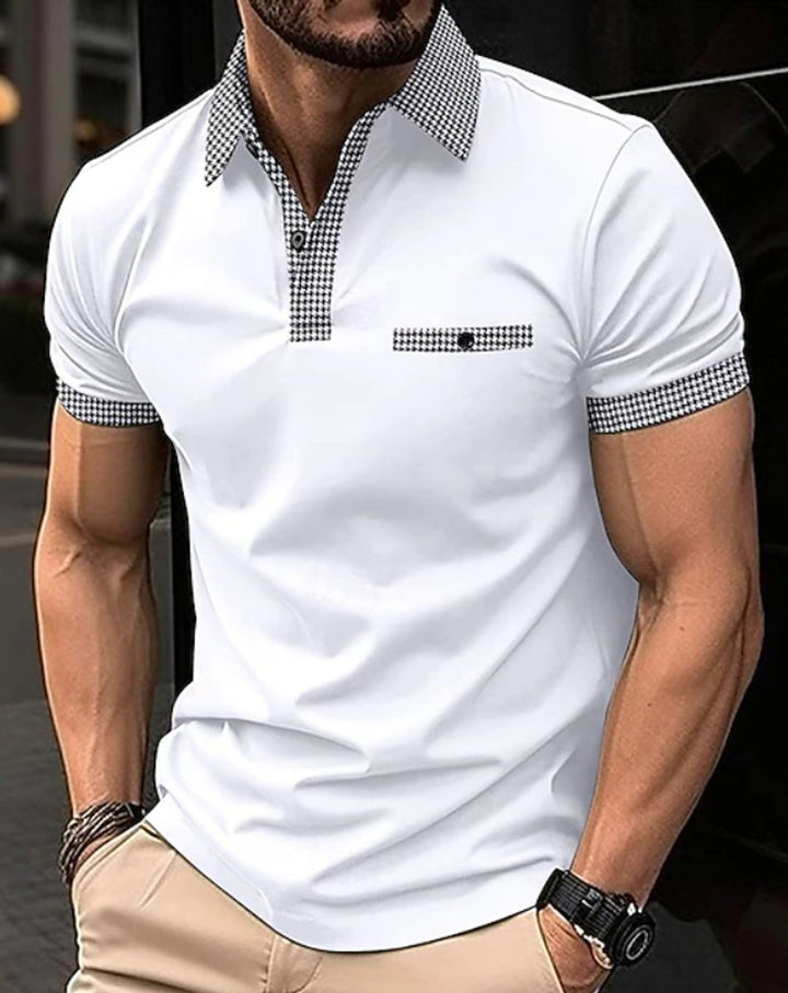 Men's Checkered-Collar Short-Sleeve Smart-Casual Polo Shirt - White